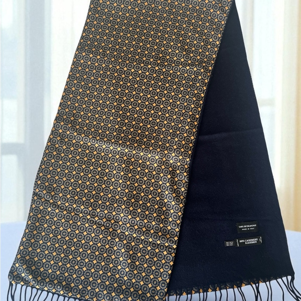 Saks Fifth Avenue Gold and Black Luxurious Cashmere and Silk Scarf